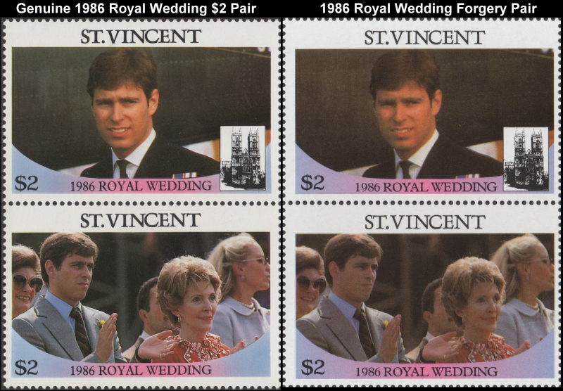 Saint Vincent 1986 Royal Wedding Fake with Original $2 Stamp Pair Comparison