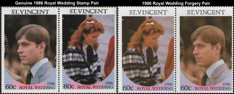 Saint Vincent 1986 Royal Wedding Fake with Original 60c Stamp Pair Comparison