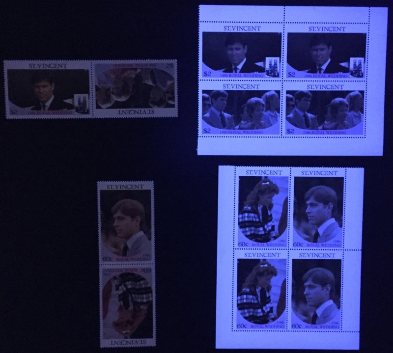 Saint Vincent 1986 Royal Wedding Comparison of Forgeries with Genuine Stamps Under Ultra-violet Light