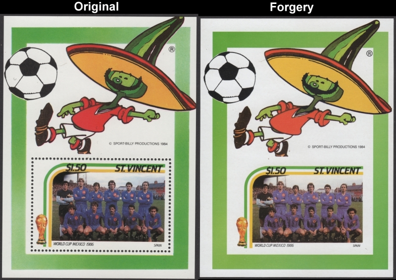 Saint Vincent 1986 World Cup Soccer $1.50 Fake with Original $1.50 Souvenir Sheet Comparison