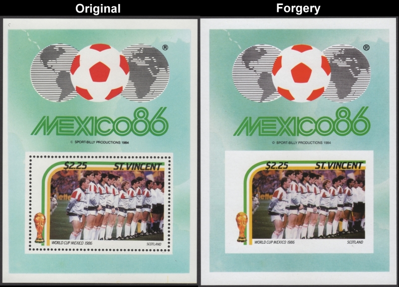 Saint Vincent 1986 World Cup Soccer $2.25 Fake with Original $2.25 Souvenir Sheet Comparison