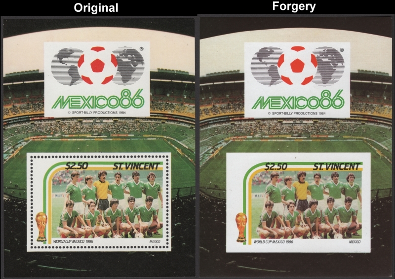 Saint Vincent 1986 World Cup Soccer $2.50 Fake with Original $2.50 Souvenir Sheet Comparison