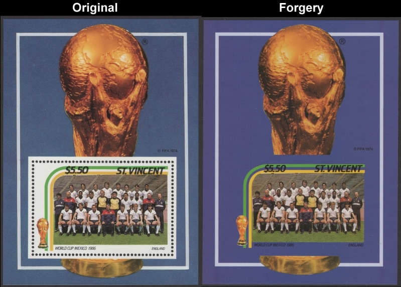 Saint Vincent 1986 World Cup Soccer $5.50 Fake with Original $5.50 Souvenir Sheet Comparison