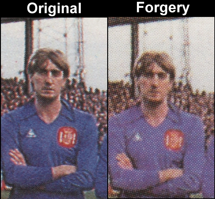 Saint Vincent 1986 Soccer $1.50 Spanish Team Stamp Fake with Original Screen and Color Comparison