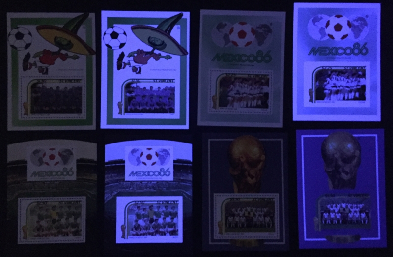 Saint Vincent 1986 World Cup Soccer Comparison of Souvenir Sheet Forgeries with Genuine Souvenir Sheets Under Ultra-violet Light
