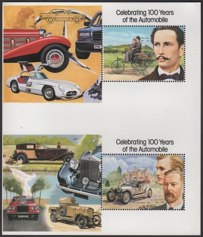 1987 Century of Motoring Souvenir Sheet Pair (Mercedes Benz and Rolls Royce) with Missing Gold Error