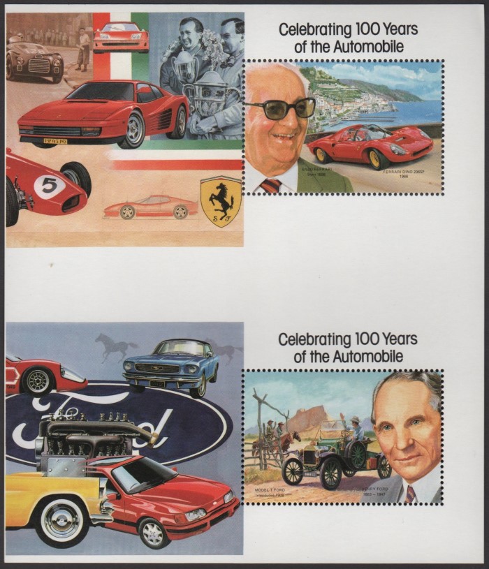 1987 Century of Motoring Souvenir Sheet Pair (Ferrari and Ford) with Missing Gold Error