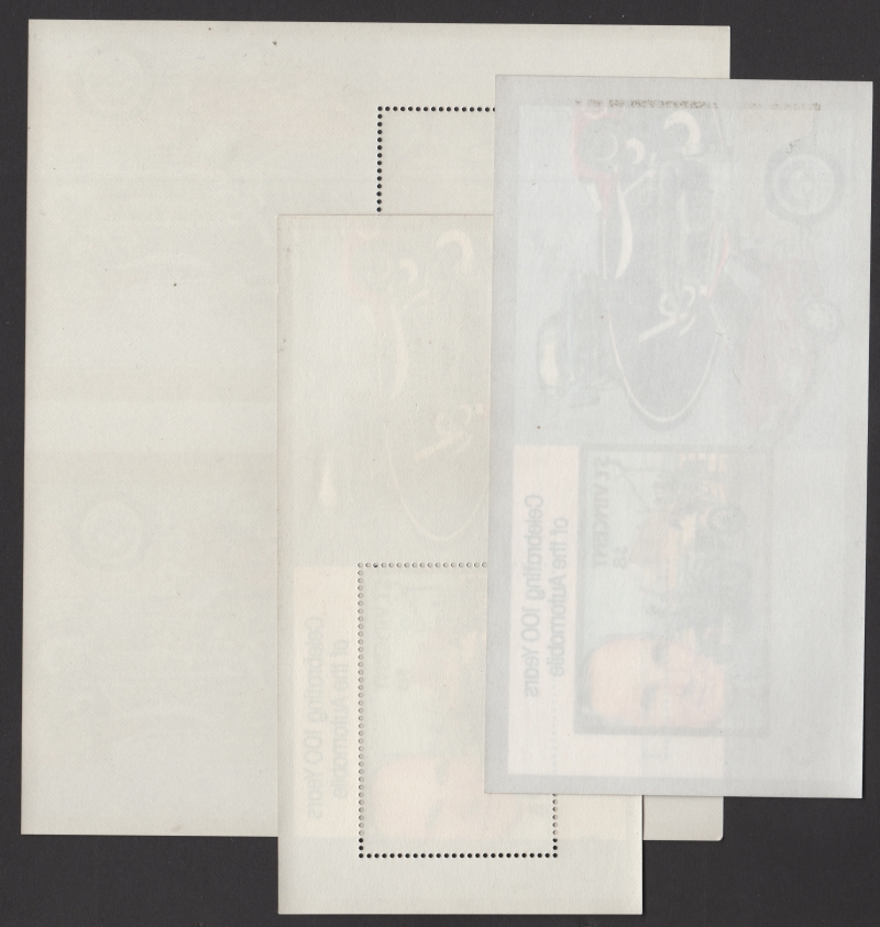 Saint Vincent 1987 Century of Motoring Souvenir Sheet Gum Comparison with Archival Sheet