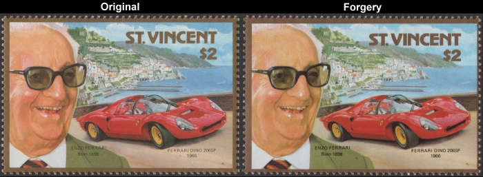 1987 Enzo Ferrari Fake with Original $2 Stamp Comparison