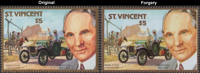 1987 Henry Ford Fake with Original $5 Stamp Comparison