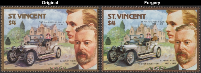1987 Charles Rolls and Sir Henry Royce Fake with Original $4 Stamp Comparison