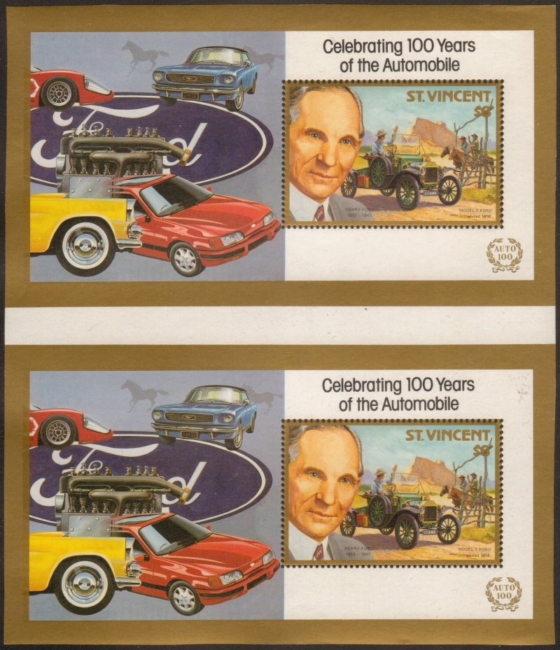 1987 Unissued Henry Ford Variety of Reversed Image Souvenir Sheet Pair