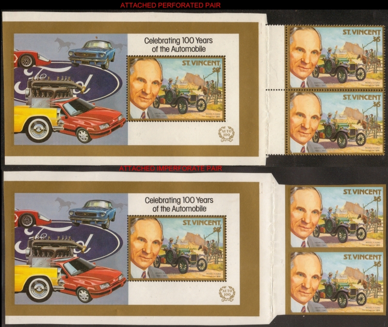 1987 Unissued Henry Ford Variety of Reversed Image Souvenir Sheets with Attached Perforated and Imperforate Pairs