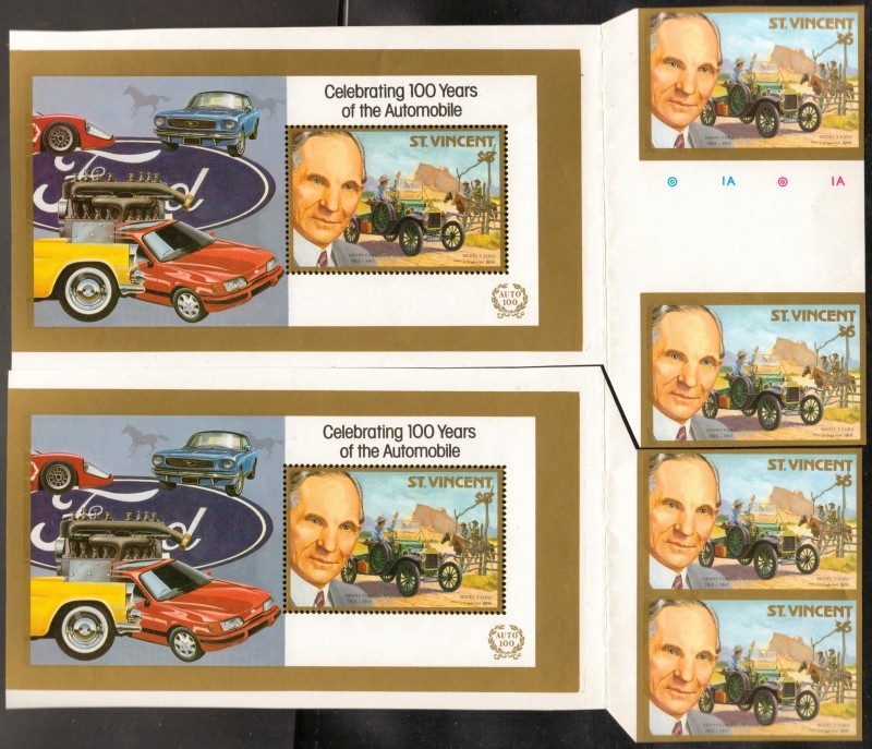 1987 Unissued Henry Ford Variety of Reversed Image Souvenir Sheets with Attached Single Pairs Matched by Scissor Cuts