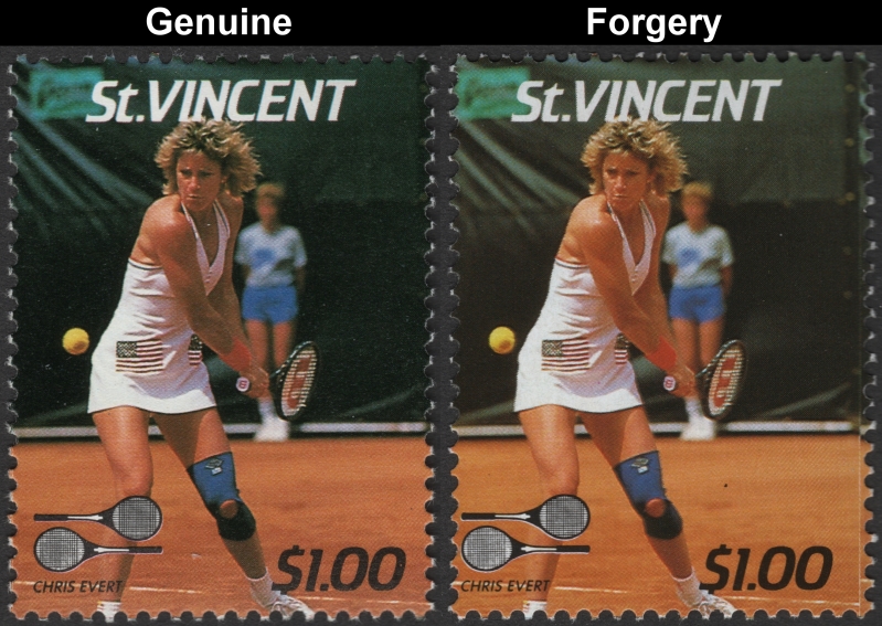 Saint Vincent 1987 Tennis Players $1.00 Chris Evert Stamp Forgery with Genuine $1.00 Stamp Comparison