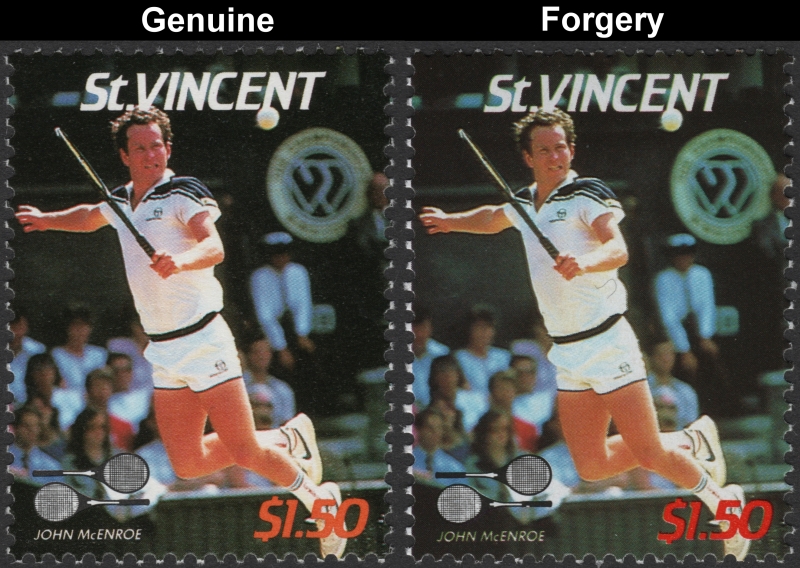 Saint Vincent 1987 Tennis Players $1.50 John McEnroe Stamp Forgery with Genuine $1.50 Stamp Comparison