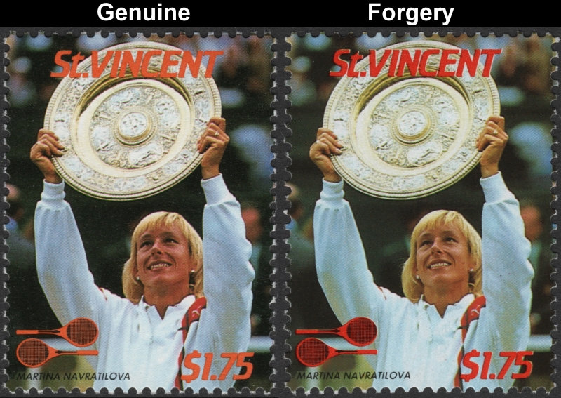 Saint Vincent 1987 Tennis Players $1.75 Martina Navratilova Stamp Forgery with Genuine $1.75 Stamp Comparison