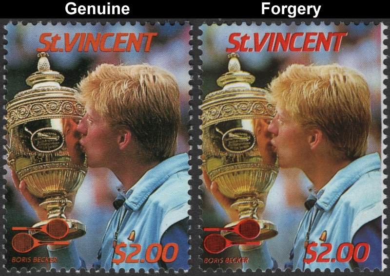 Saint Vincent 1987 Tennis Players $2.00 Boris Becker Stamp Forgery with Genuine $2.00 Stamp Comparison