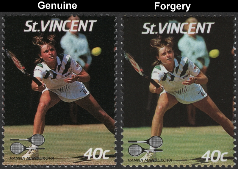 Saint Vincent 1987 Tennis Players 40c Hanna Mandlikova Stamp Forgery with Genuine 40c Stamp Comparison