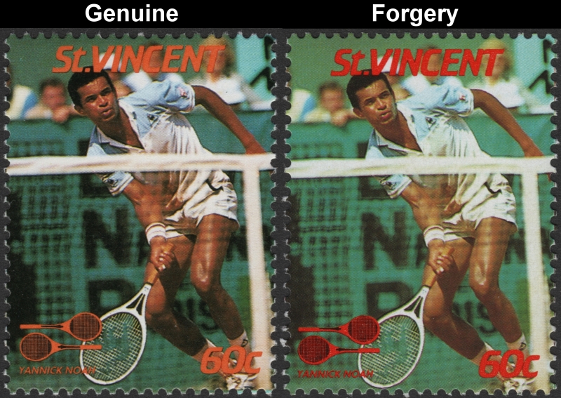 Saint Vincent 1987 Tennis Players 60c Yannick Noah Stamp Forgery with Genuine 60c Stamp Comparison