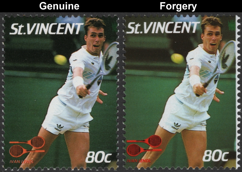 Saint Vincent 1987 Tennis Players 80c Ivan Lendl Stamp Forgery with Genuine 80c Stamp Comparison