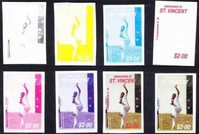 1988 Saint Vincent Grenadines Cricket Players Progressive Color Proof Stamps