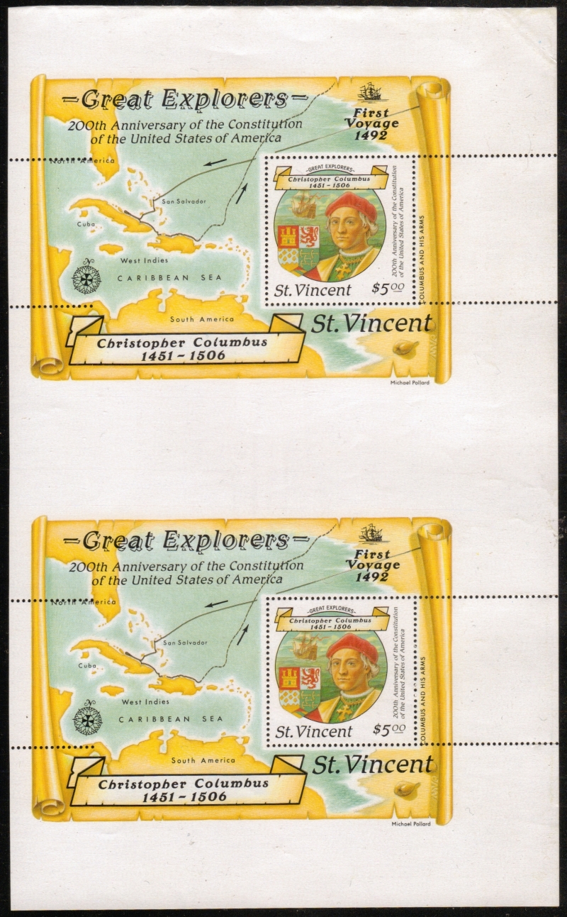 1988 Discovery of America Souvenir Sheet Vertical Proof Pair with Odd Perforations on the Right