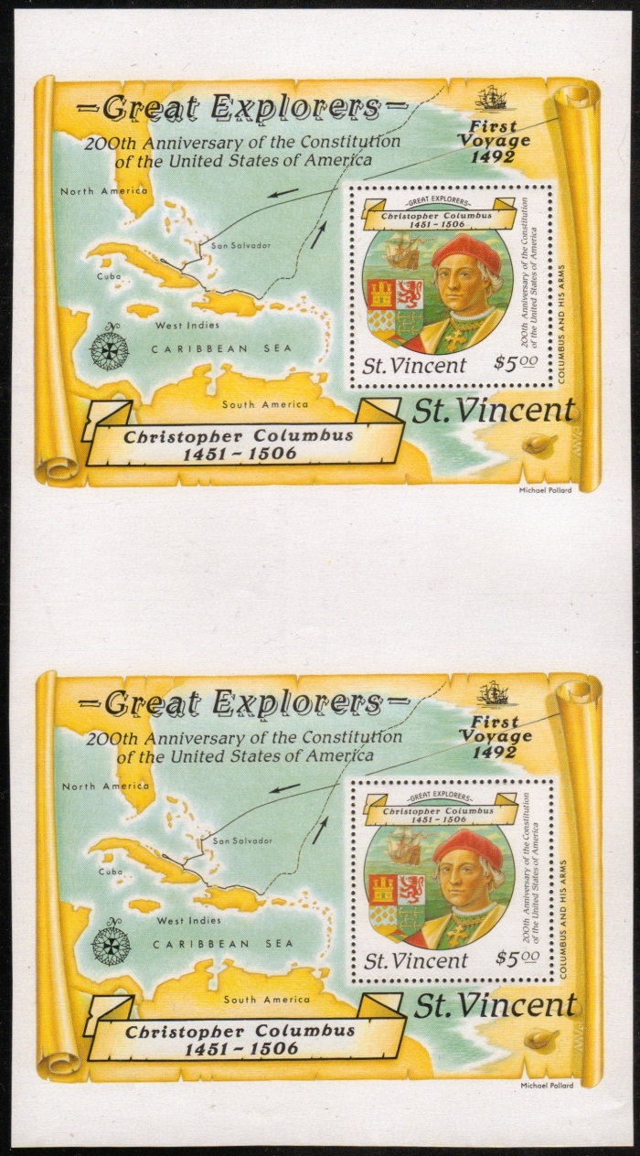 1988 Discovery of America Souvenir Sheet Proof Pair with Perforations all Around