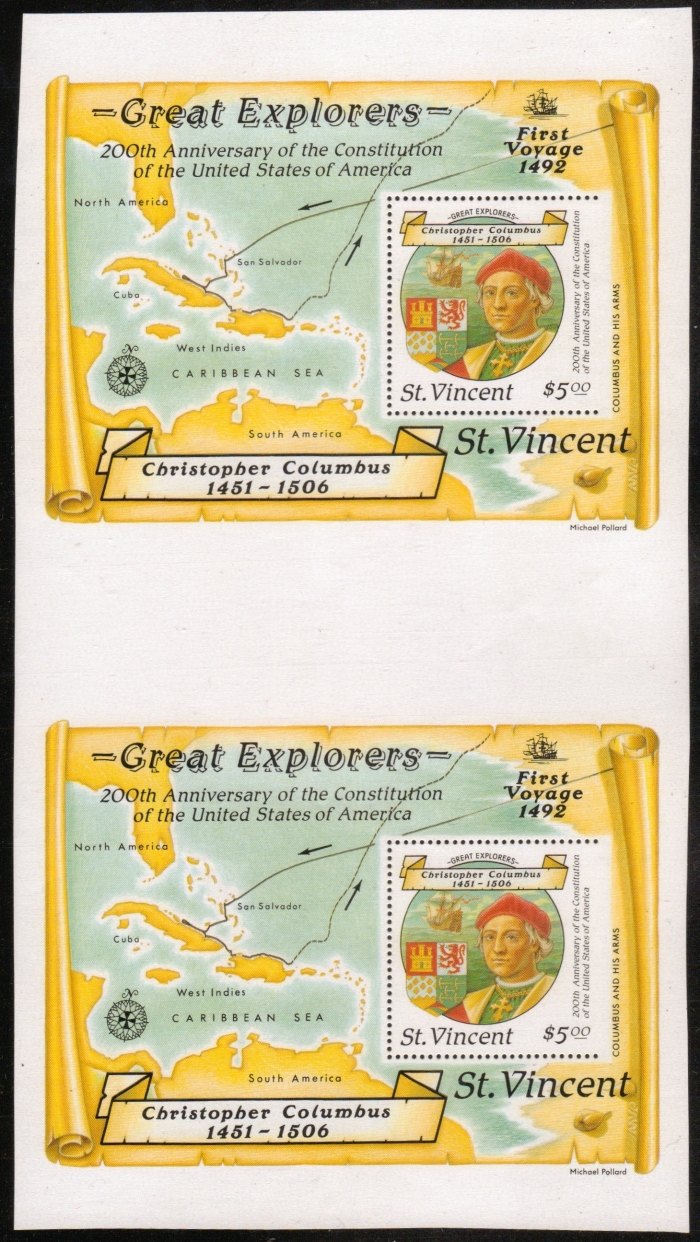 1988 Discovery of America Souvenir Sheet Proof Pair with Perforations Missing on Right Side