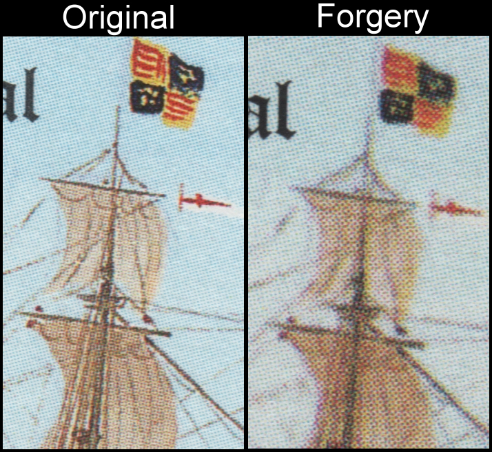 Saint Vincent 1988 Spanish Armada 75c Fake with Original Screen and Color Comparison of the Center Mast and Flag
