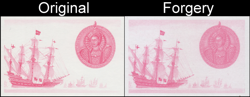 Saint Vincent 1988 Spanish Armada 75c Fake with Original Color Comparison of the Red Proofs