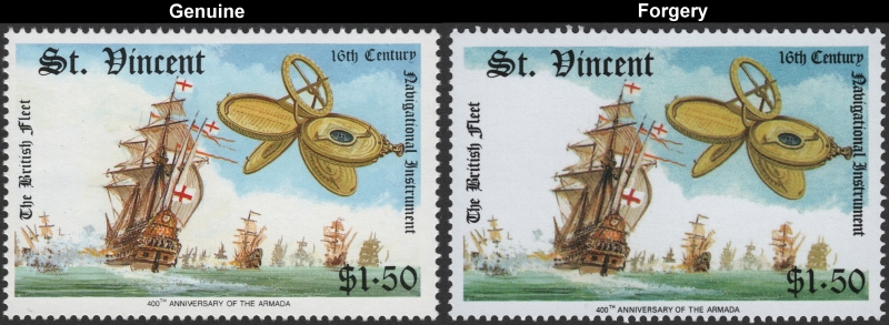 Saint Vincent 1988 Spanish Armada Fake with Original $1.50 Stamp Comparison
