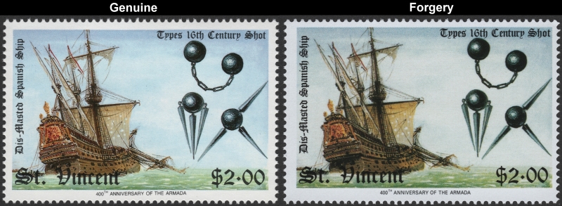 Saint Vincent 1988 Spanish Armada Fake with Original $2.00 Stamp Comparison