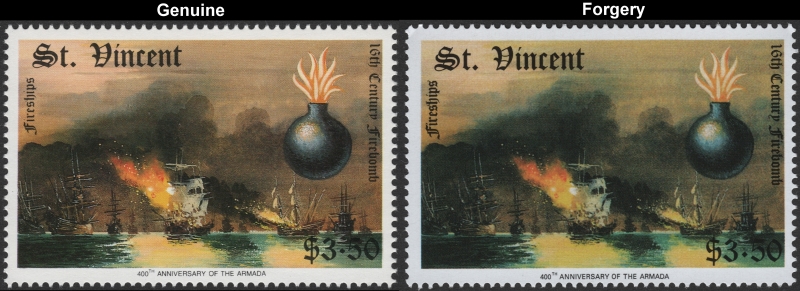 Saint Vincent 1988 Spanish Armada Fake with Original $3.50 Stamp Comparison
