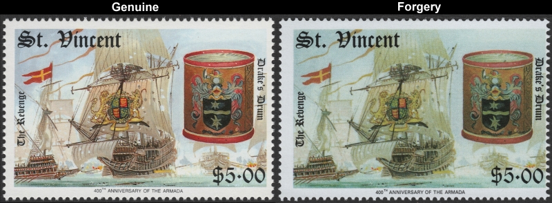 Saint Vincent 1988 Spanish Armada Fake with Original $5.00 Stamp Comparison