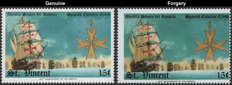 Saint Vincent 1988 Spanish Armada 15c Fake with Original Stamp Comparison