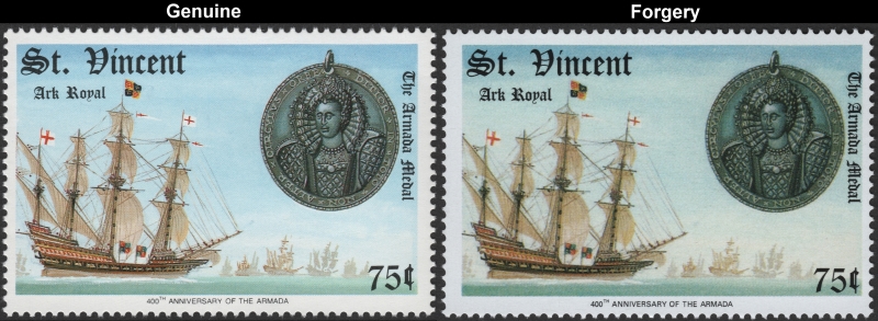 Saint Vincent 1988 Spanish Armada Fake with Original 75c Stamp Comparison