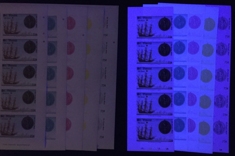 Saint Vincent 1988 Spanish Armada Comparison of the Color Proof Forgeries with Genuine Color Proofs Under Ultra-violet Light