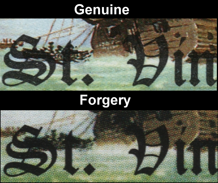 Saint Vincent 1988 Spanish Armada $2.00 Fake with Original Font Comparison of the Opacity