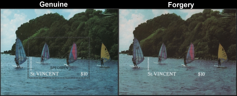 Saint Vincent 1988 Tourism Windsurfing Forgery with Genuine Souvenir Sheet Comparison
