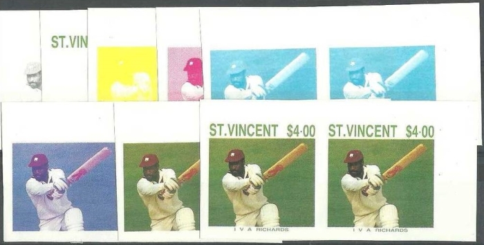 1988 Saint Vincent Cricket Players Progressive Color Proof Stamps