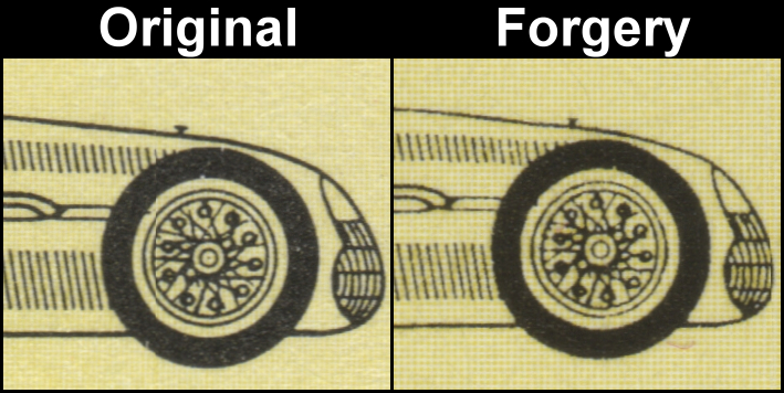Bequia 1985 Automobiles 20c Fake with Original Comparison of the Front Wheel on the Detail Drawing