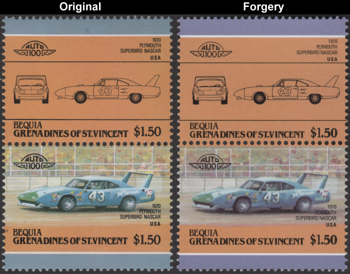 Bequia 1985 Automobiles 1970 Plymouth Superbird Nascar Fake with Original $1.50 Stamp Comparison