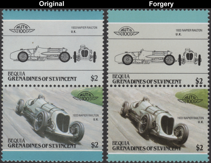 Bequia 1985 Automobiles 1933 Napier Railton Fake with Original $2 Stamp Comparison