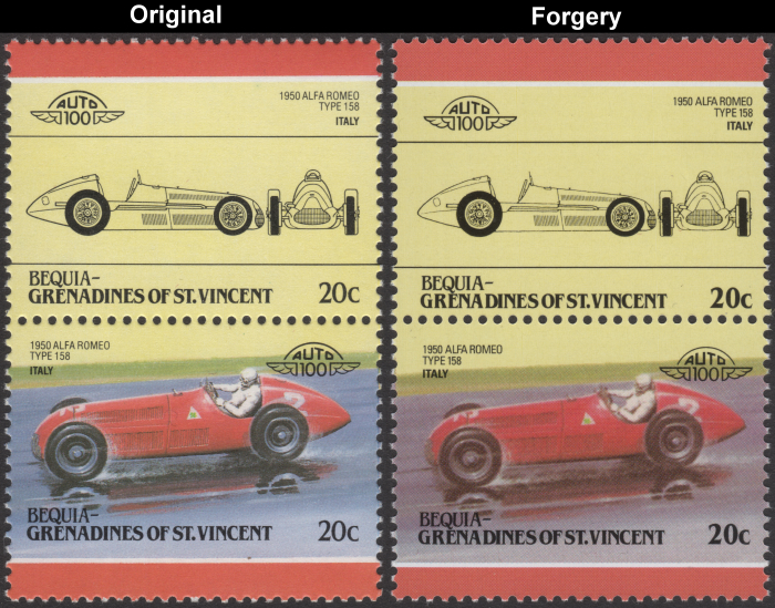 Bequia 1985 Automobiles 1950 Alfa Romeo Type 158 Fake with Original 20c Stamp Comparison