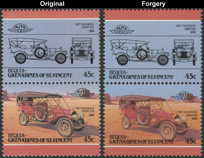 Bequia 1985 Automobiles 1907 Chadwick Great Six Fake with Original 30c Stamp Comparison