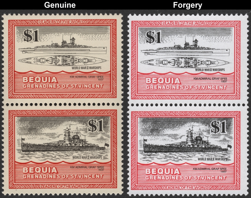 Saint Vincent Bequia 1985 Warships $1 KM Admiral Graf Spee Forgery with Genuine $1 Stamp Comparison