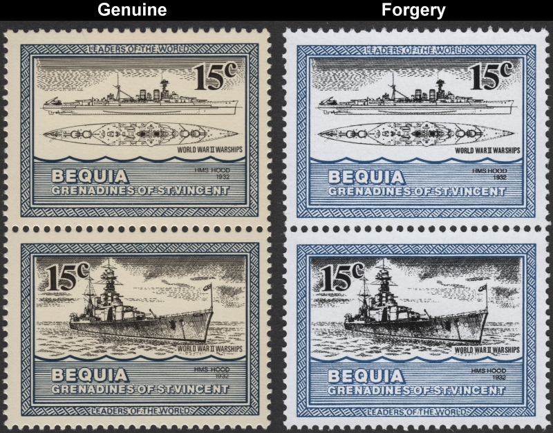 Saint Vincent Bequia 1985 Warships 15c HMS Hood Forgery with Genuine 15c Stamp Comparison