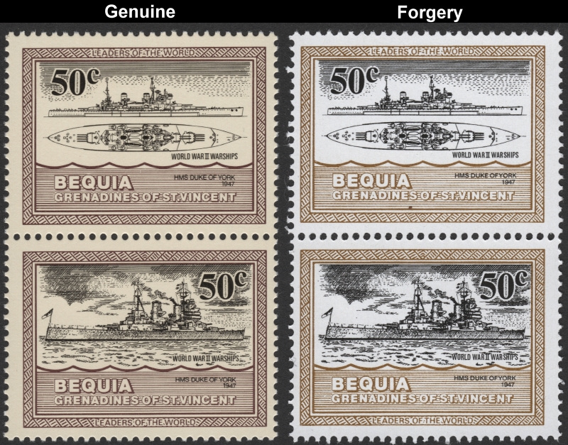Saint Vincent Bequia 1985 Warships 50c HMS Duke of York Forgery with Genuine 50c Stamp Comparison