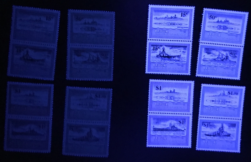 Saint Vincent Bequia 1985 Leaders of the World Warships Comparison of Forgeries with Genuine Stamps Under Ultra-violet Light